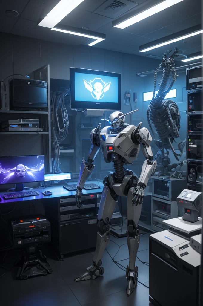 araffe and a robot in a room with a television, a computer rendering by Ivan Ranger, shutterstock, digital art, robot monster in background, skull on the screen, 8k render”, 3 d render 8 k shoot, cyborg in the data center, destroyed robot dogs remains, 3d render digital art, in futuristic laboratory room, portrait of a cyber skeleton, araffe and a robot in a room with a television, robot monster in background, skull on the screen, 8k render”, 3 d render 8 k shoot, cyborg in the data center, destroyed robot dogs remains, 3d render digital art, in futuristic laboratory room, portrait of a cyber skeleton, 3 d render 8 k, 3d render 8k