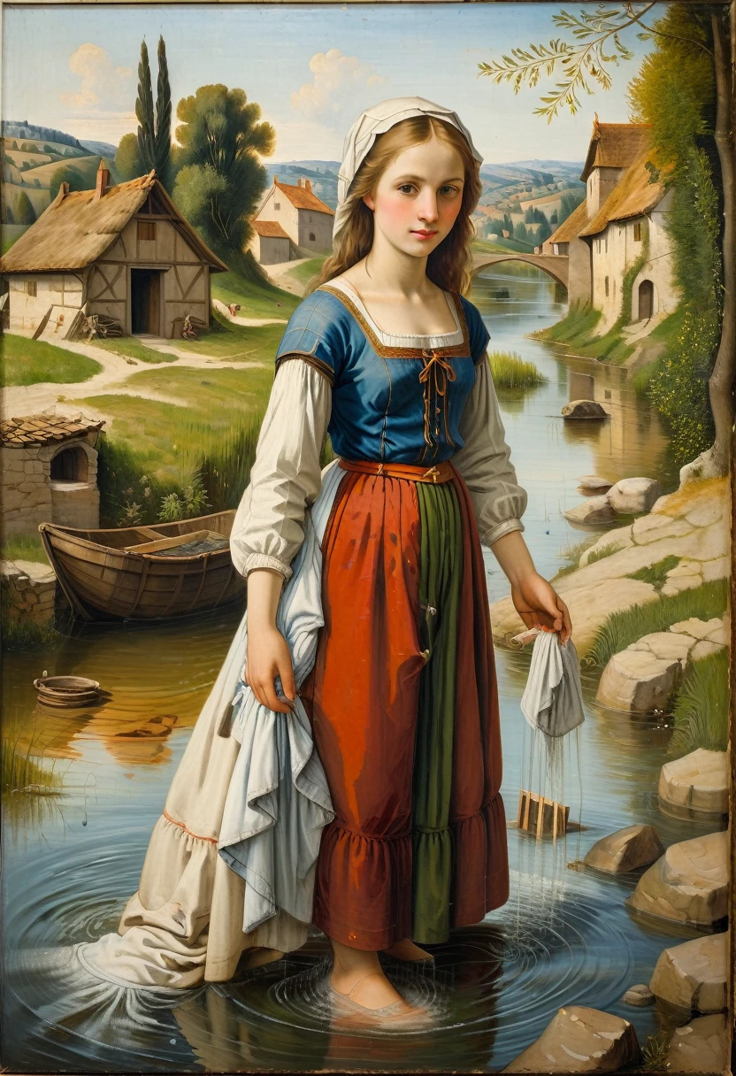The portrait of a beautiful young peasant girl from the 14th century taking a bath while washing her clothes in the river. All with the style of Giovanni Belinni, an oil painting on panel.