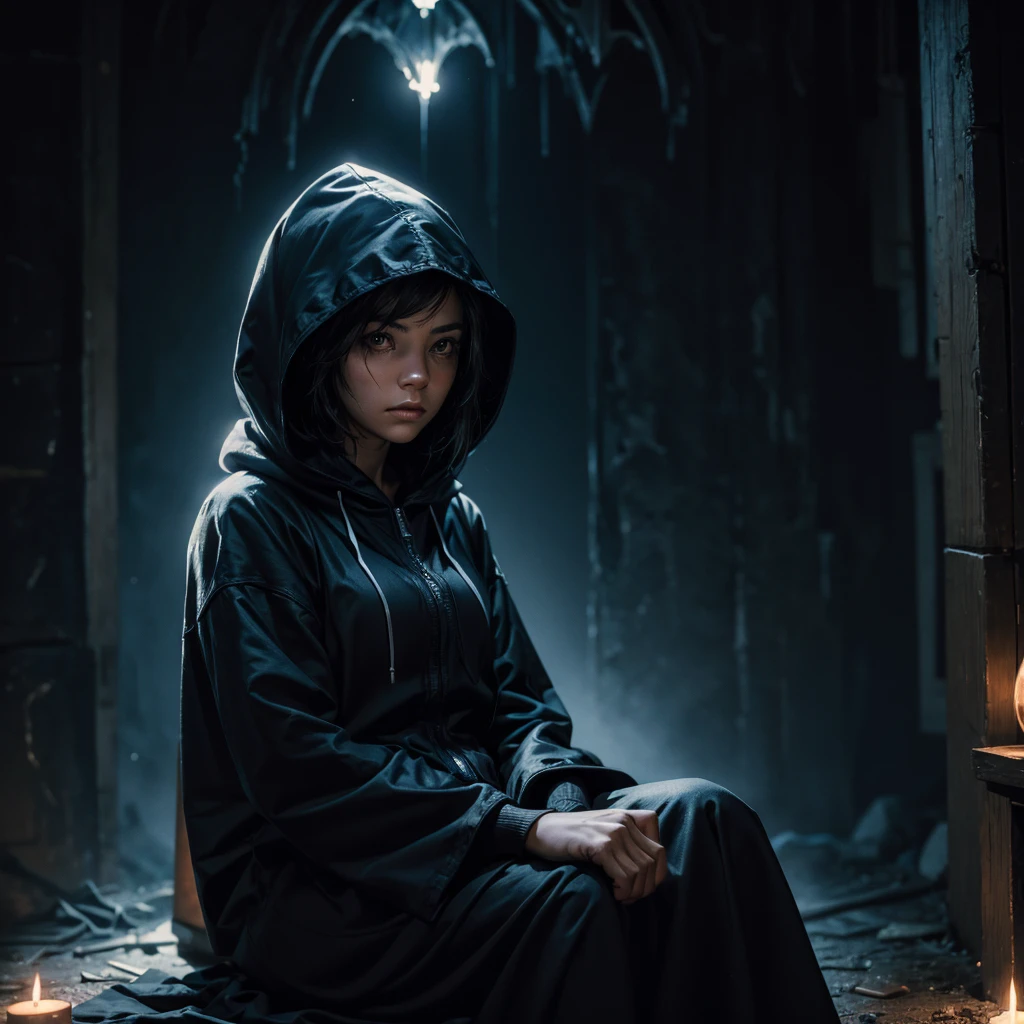 A woman with a hood and sitting in the dark, her face cannot be seen, to the side a ghostly with pupilless eyes