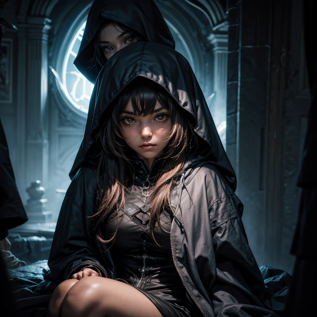A woman with a hood and sitting in the dark, her face cannot be seen, to the side a ghostly with pupilless eyes
