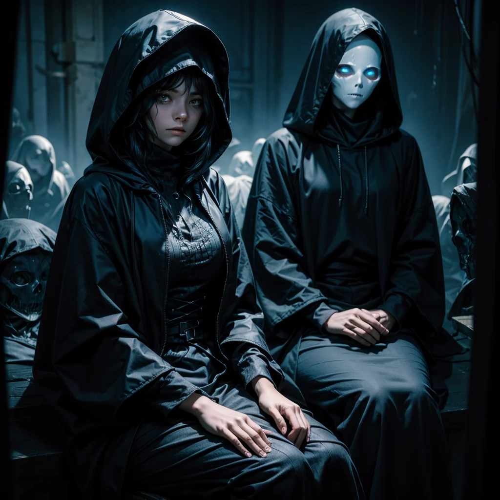 A woman with a hood and sitting in the dark, her face cannot be seen, to the side a ghostly with pupilless eyes