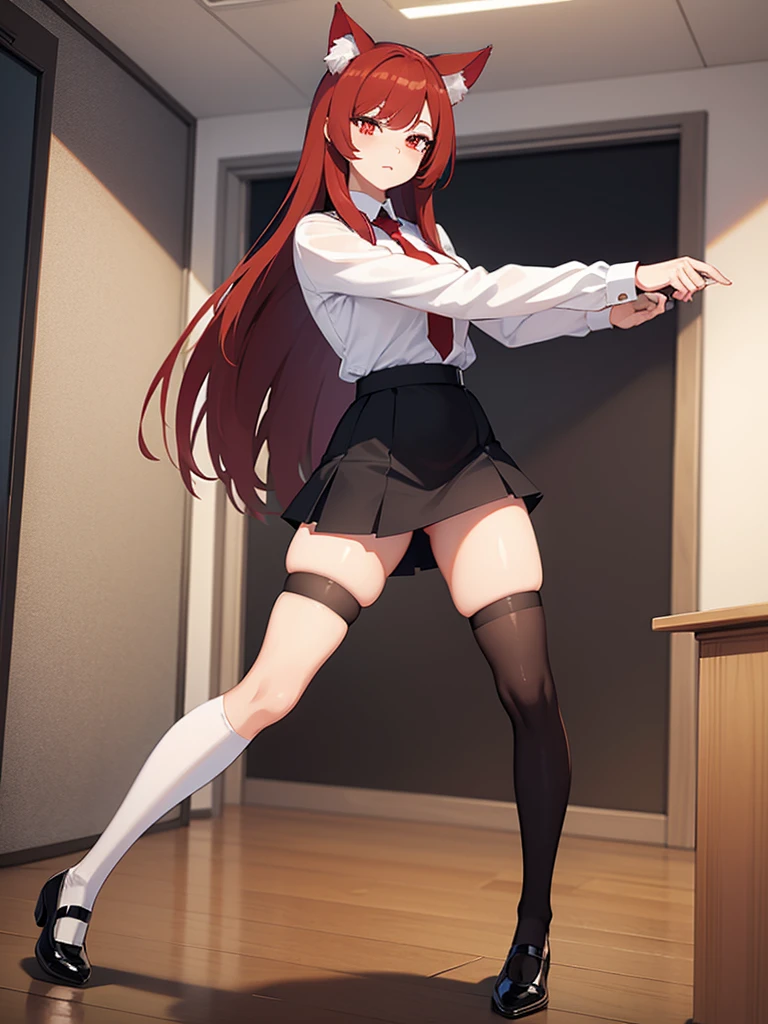 A beautiful female teacher, detailed realistic face, white shirt, short black skirt, thigh-high socks, redhead, long hair, red eyes, cat ears, standing, classroom setting, erotic