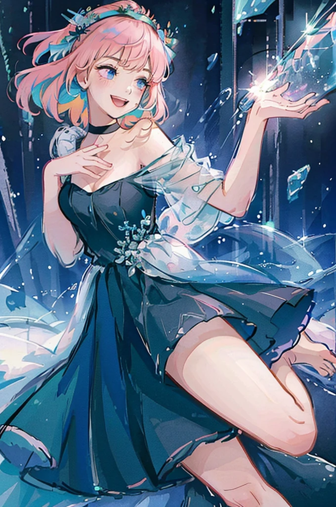 Cinderella, (Flora), Official art、Beautifully Aesthetic:1.2)、patterns、Hair spreads throughout、4k, excellent quality, Ultra Detail, Soft Light, Deep Focus Bokeh, Ray Tracing, --niji 5. Nakano Miku from the quintessential quintuplets, Cinderella from Disney, Flora from Winx, splendid, iridescent, dynamic pose, moving, excellent character design, full body pose, full body, full body shot, perfect face, neat, clean, perfect definition aamiku,long hair,bangs,hair between eyes,green skirt,pantyhose,black, (Casual Outfit), (green off-shoulder shirt, pink skirt, pink sandals), CinderellaWaifu:1), 1girl, looking at viewer, (masterpiece:1.2), (best quality), (ultra detailed), (8k, 4k, intricate),(full-body-shot:1),(Cowboy-shot:1.2), (85mm),light particles, lighting, (highly detailed:1.2),(detailed face:1.2), (gradients), nsfw, colorful,(detailed eyes:1.2),,(detailed background),detailed landscape, (dynamic angle:1.2), (dynamic pose:1.2), (rule of third_composition:1.3), (Line of action:1.2), wide shot, daylight, solo, Cinderella as an idol, very happy, smiling at camera, confident, hoshinoruby, star-shaped pupils