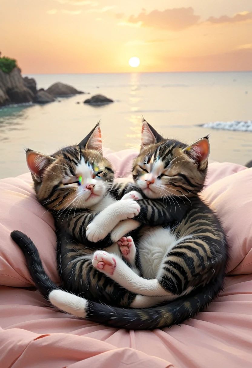 With the sunset in the background,(masterpiece:1.2, high quality), Sleeping together2Kittens、