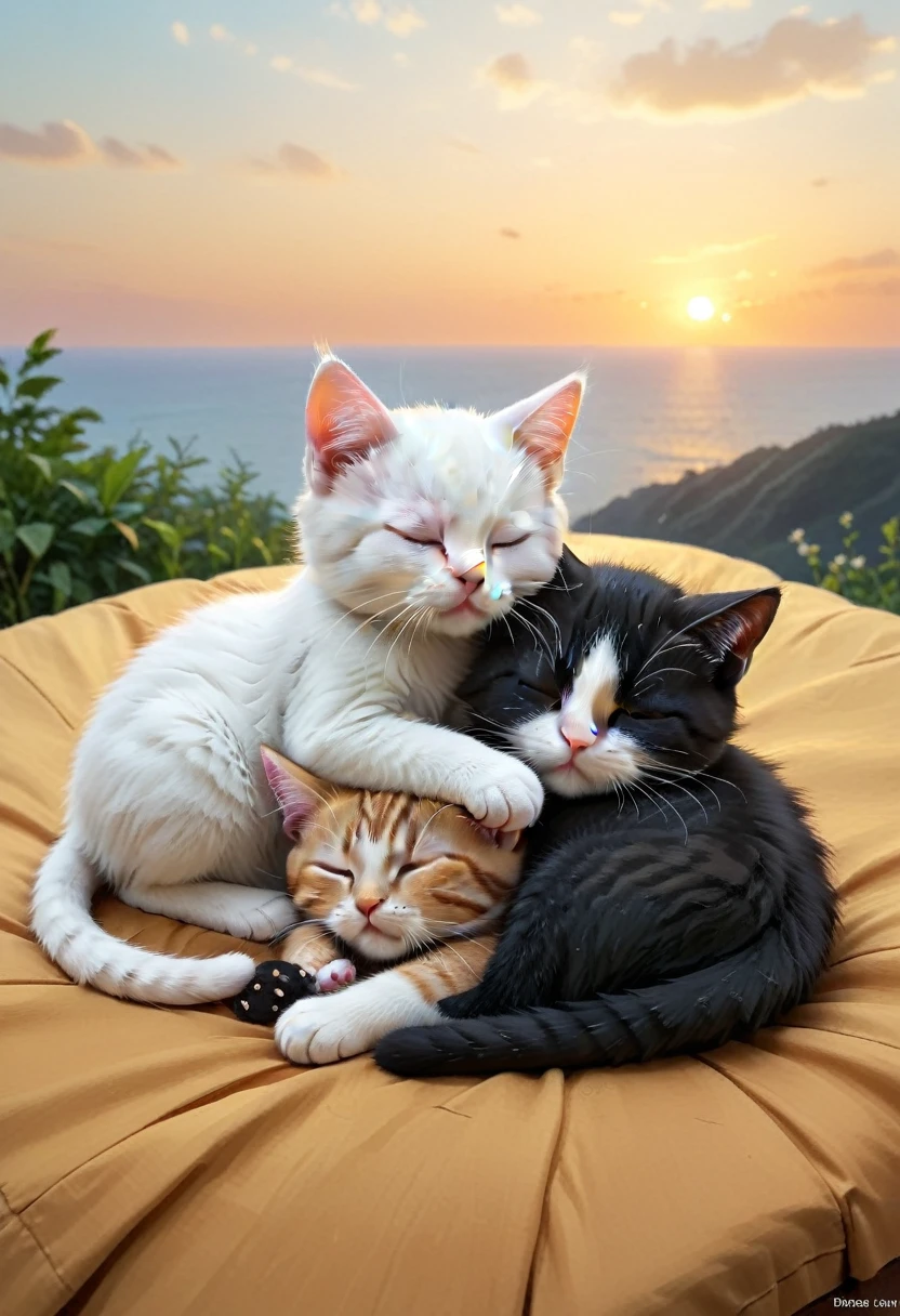 With the sunset in the background,(masterpiece:1.2, high quality), Sleeping together２Kittens、