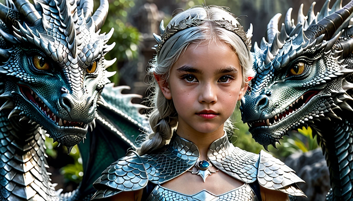 Fantasy, artistic photo of a young girl with silver hair and a headpiece, standing close to a dragon-like creature with detailed, textured scales, close-up portrait focusing on the faces of both the girl and the dragon, background is blurred to emphasize the subjects, taken under soft, natural lighting that enhances the skin texture and the dragon's scales, shot at eye-level with a high-quality digital camera, possibly a Canon EOS 5D Mark IV with a 50mm f/1.2 lens, in the style of Benjamin Von Wong