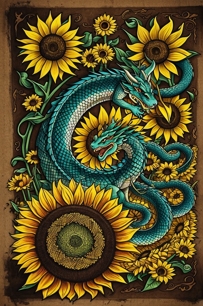 Drawing of a dragon with a snake and sunflowers mystical grunge style