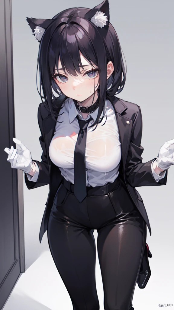 18-year-old Shota,cute,Wear a white long-sleeved shirt and a black work tie,Wear black pants,Wear black booties,Wear white gloves,wear cat ear,Wearing a collar,Black hair,Black eyes,Very thin waist,Very thin legs,Handsome,Disdainful and cold expression,shy,blush,Sweating,porn,Is giving sexual assault,Glove removal action