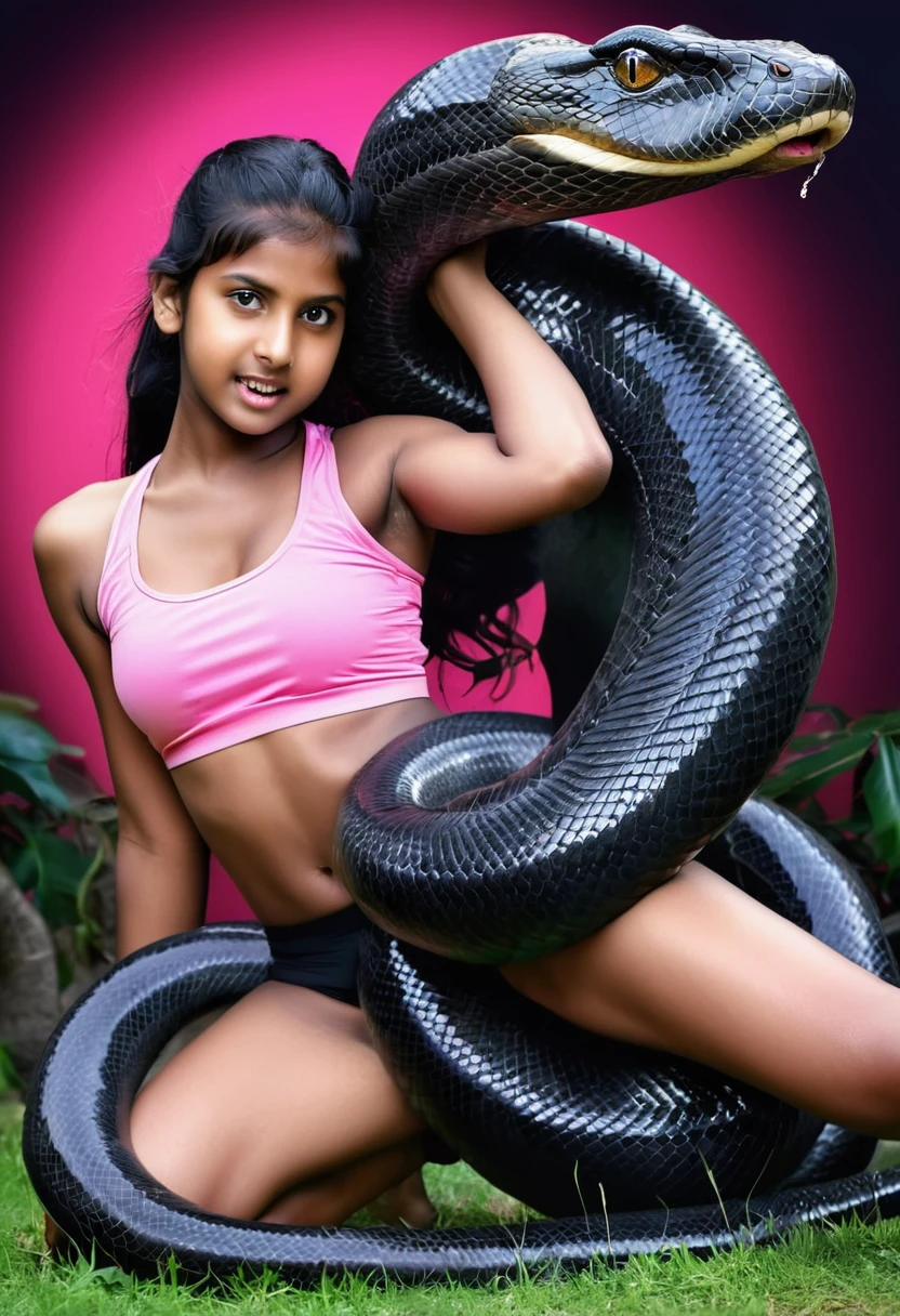 Pink sport shorts Happy Horny, aroused 1girl), beautiful kneeling Indian young girl with giant colossal black anaconda monster squeezing her hard, wrapped in thick spiraling coils, constricted, struggle, gasping for air, snake attack, snake peril, moonless night, dim light