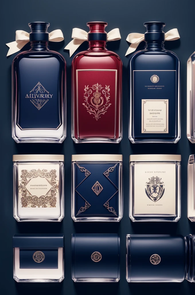 Make perfume packaging inspired by the Ilvermorny school in dark blue or red