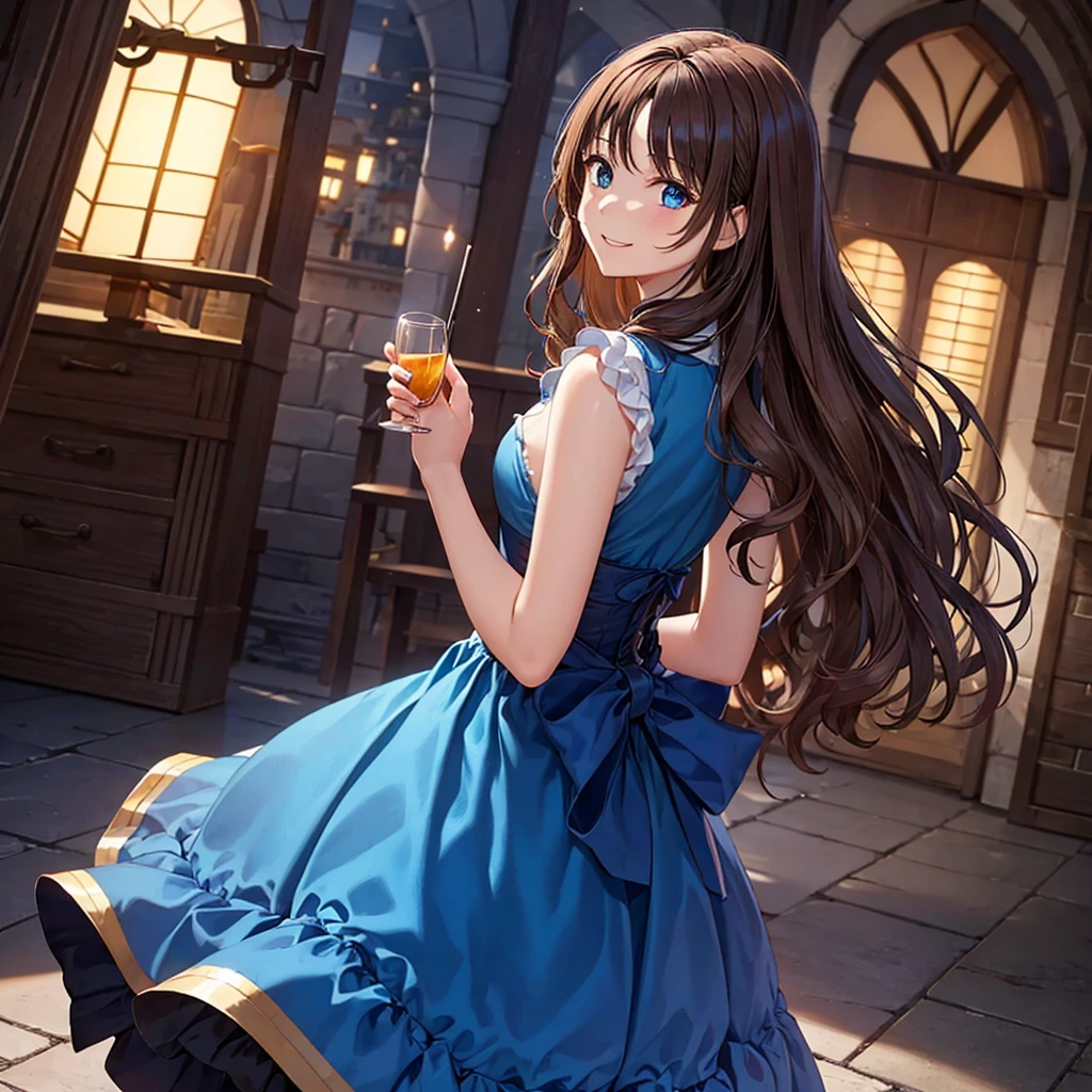 girl with wavy chestnut hair。blue eyes。A glamorous figure of a 15-year-old、Wearing a blue medieval dress。Bright smile。頭にリボン