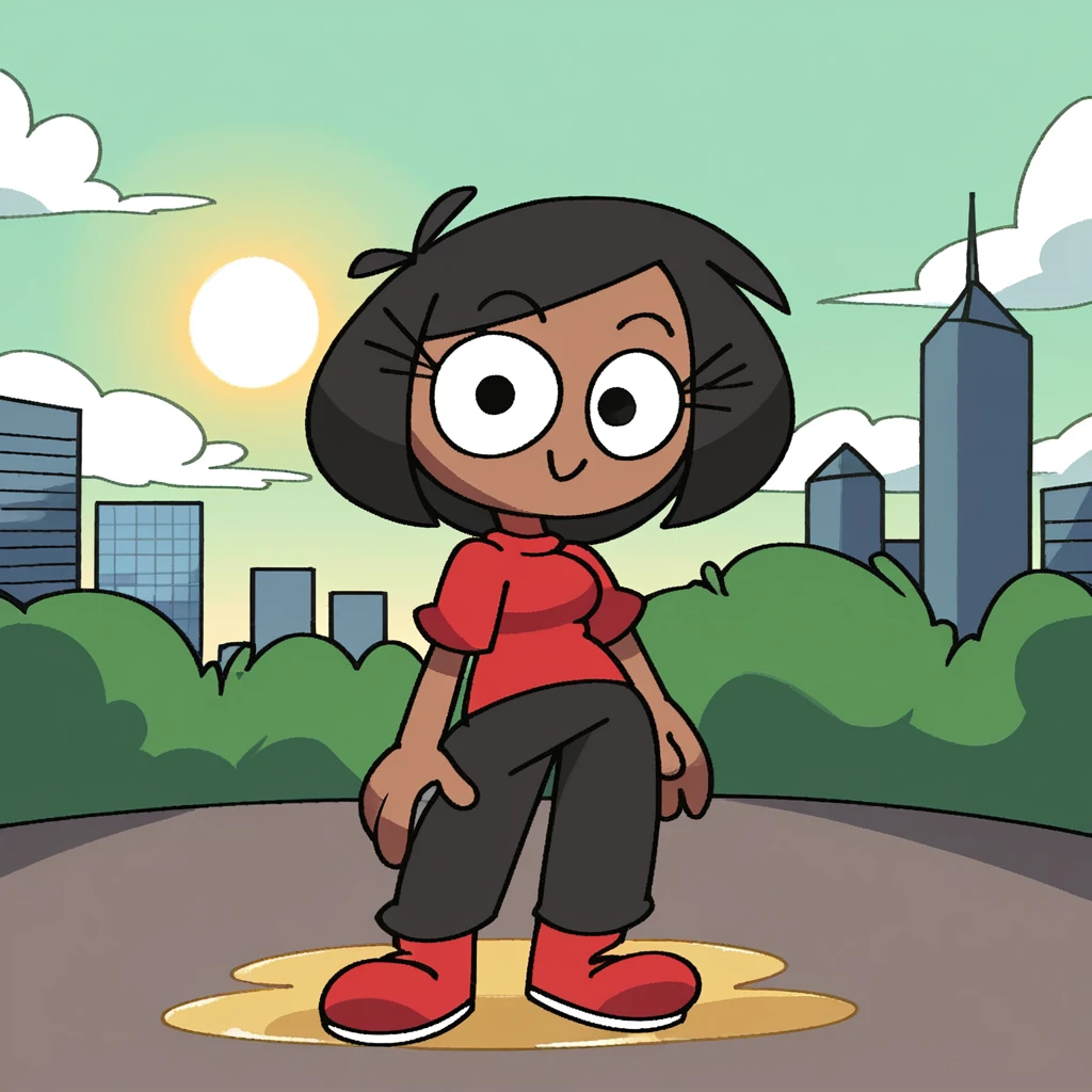 zPDXL, flat colors, cel shading, vector, shadows, clouds, source_cartoon, detailed background, green background, cityscape, park, sun, 1girl, solo, rob_(\vilepluff\), dark skin, eyelashes, medium breasts, black hair, bob cut, shiny skin, red shirt, grey pants, red shoes, standing, cowboy shot, looking at viewer, smile,  ((wetting self, pee stains, yellow puddle)) full body