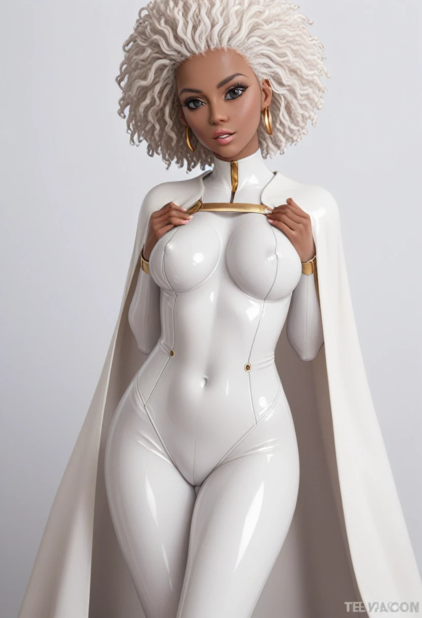score_9_up, score_8_up, score_7_up, 1girl, solo, mature female, ((Storm)), afro skin color, white long hair, black eyes, pink lips, parted lips, fit slim body, ((perfect medium erected breast)), ((( tight white latex suit with gold, white cape))), hangar with airplanes, perfect model body, looking at viewer, standing in seductive pose