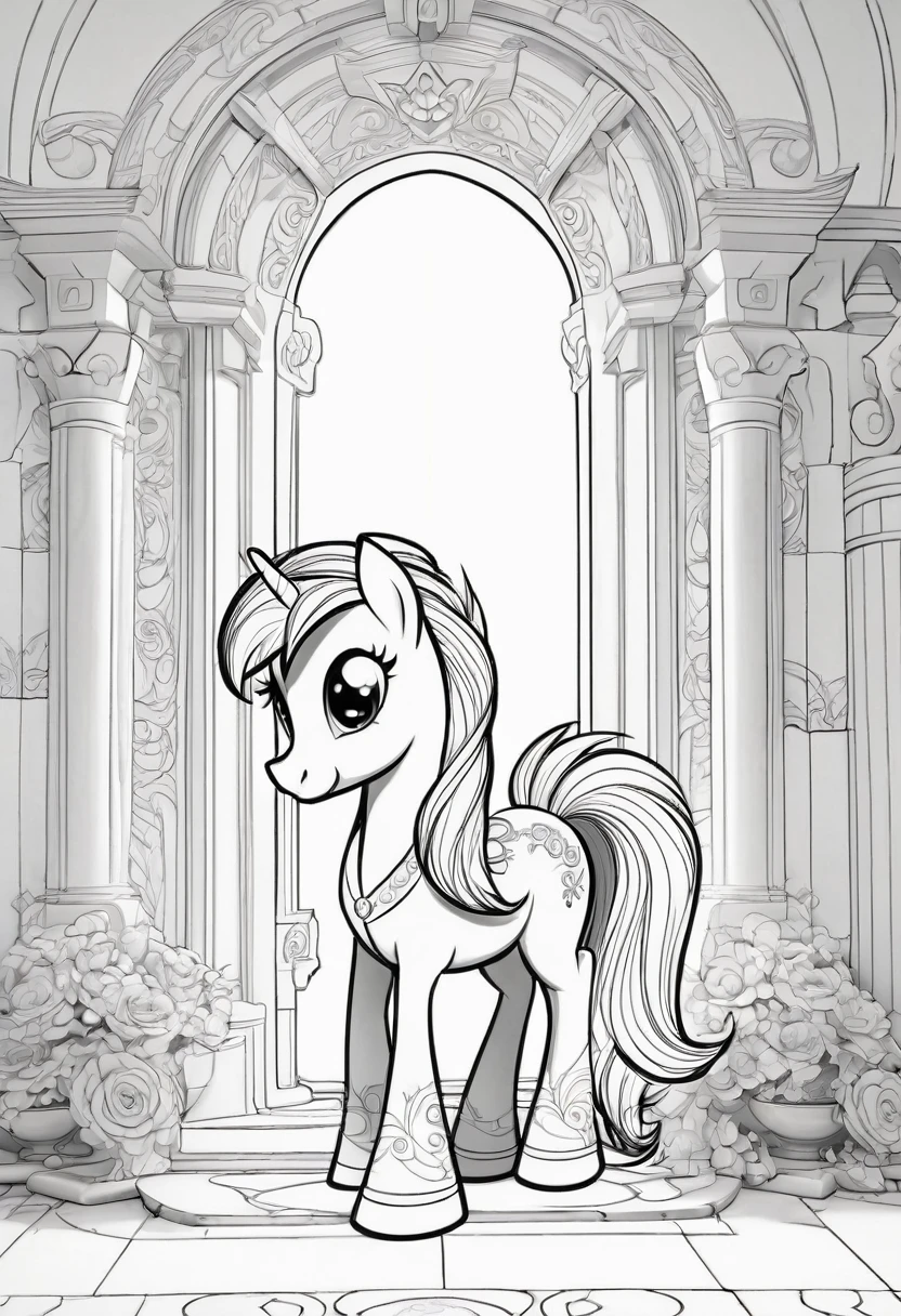 drawing lines, Pixar style, coloring, pony from My Little Pony in a beautiful temple, Coloring pageAF,Empty white background,Coloring bookRedmond-Coloring book