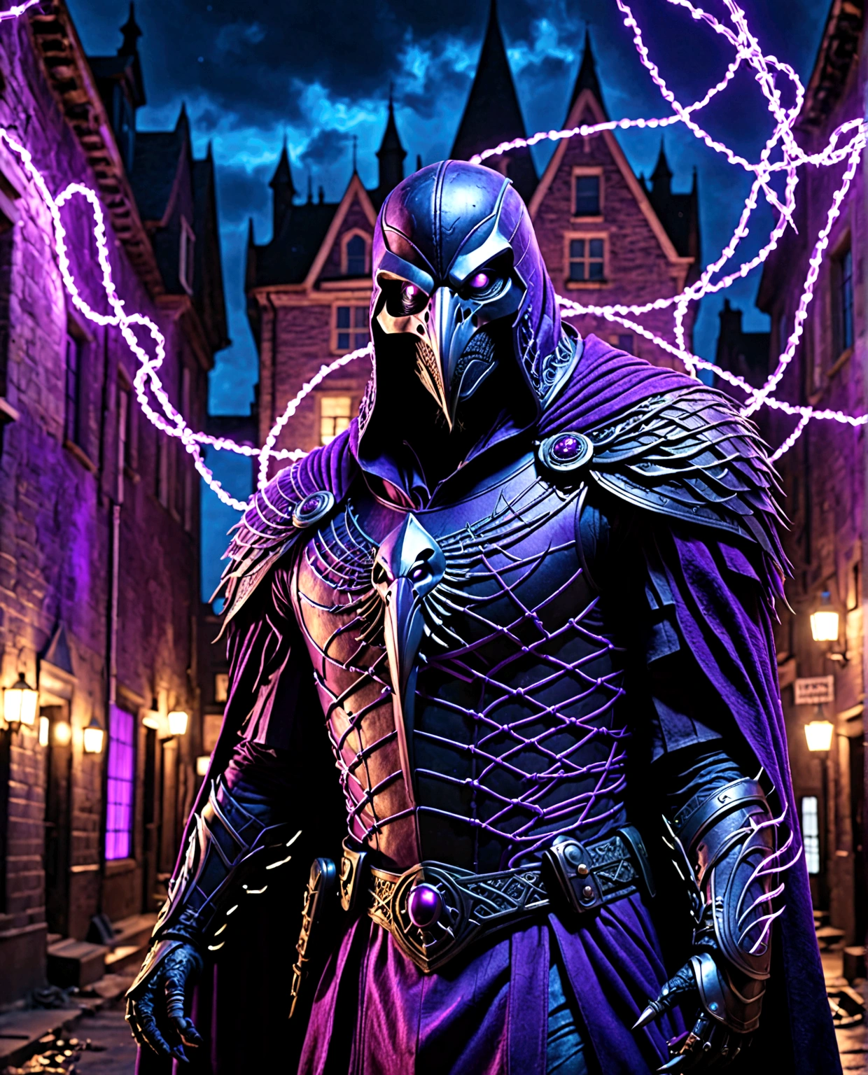 (extremely detailed 8k wallpaper), a medium shot photo of scary Grim dressed as a purple raven-man in an armour made of purple glowing wires from marvel, theme, intricate, high detail, dramatic, old scary building with a huge raven in the background