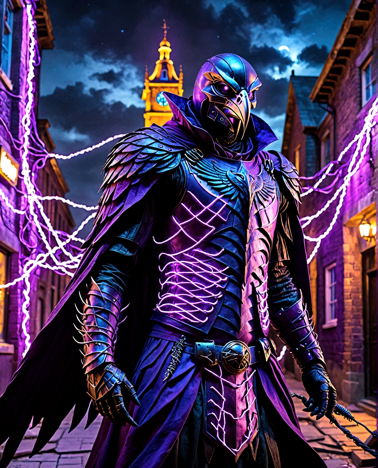 (extremely detailed 8k wallpaper), a medium shot photo of scary Grim dressed as a purple raven-man in an armour made of purple glowing wires from marvel, theme, intricate, high detail, dramatic, old scary building with a huge raven in the background