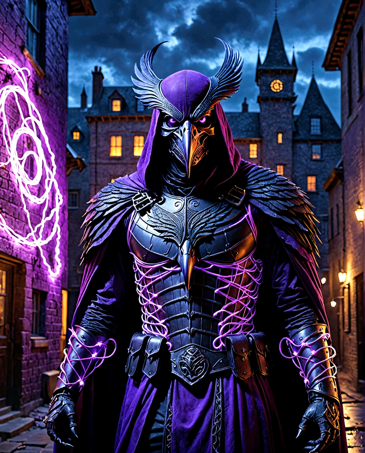  
(extremely detailed 8k wallpaper), a medium shot photo of scary  Grim dressed as a purple raven-man in an armour made of purple glowing wires from marvel, theme, intricate, high detail, dramatic, old scary building  with a huge raven in the background 