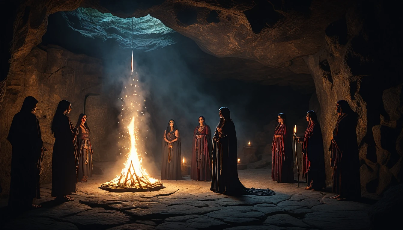 a group performing a mysterious ritual sacrificing a beautiful woman in a dark cave, extremely detailed, (best quality,4k,8k,highres,masterpiece:1.2),ultra-detailed,(realistic,photorealistic,photo-realistic:1.37),dark moody atmosphere,dramatic lighting,ornate ritual altar,robed cult members,beautiful woman bound and frightened,flickering torchlight,glowing arcane symbols,mysterious shadows,ancient stone walls,detailed textures,cinematic composition