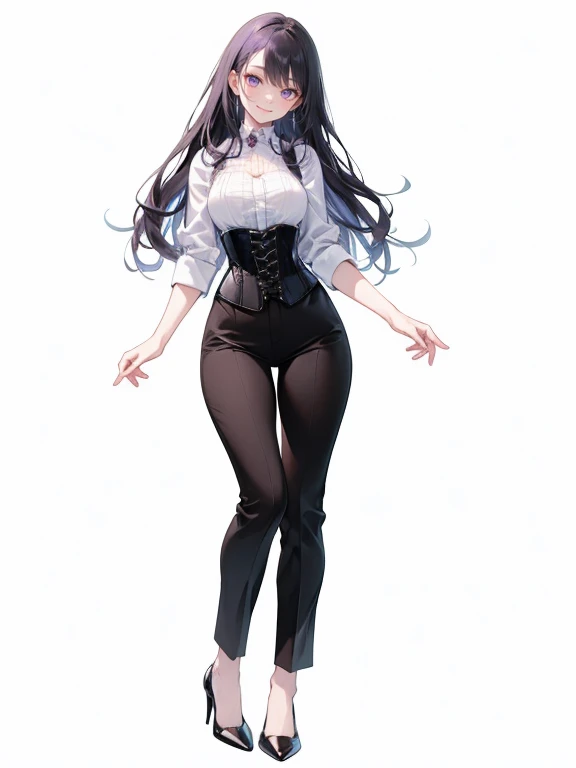 purple,long hair,woman,black vest,Shirt with rolled up sleeves,(corset),pants,high heels,Simple white background,smile,whole body,full body,full body,Standing picture,vtuber,upright,,Standing upright with face and body facing forward,