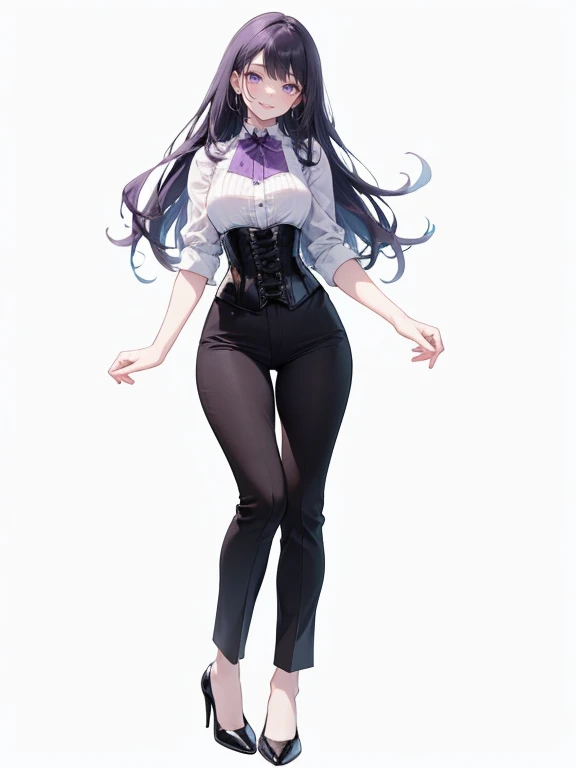 purple,long hair,woman,black vest,Shirt with rolled up sleeves,(corset),pants,high heels,Simple white background,smile,whole body,full body,full body,Standing picture,vtuber,upright,,Standing upright with face and body facing forward,
