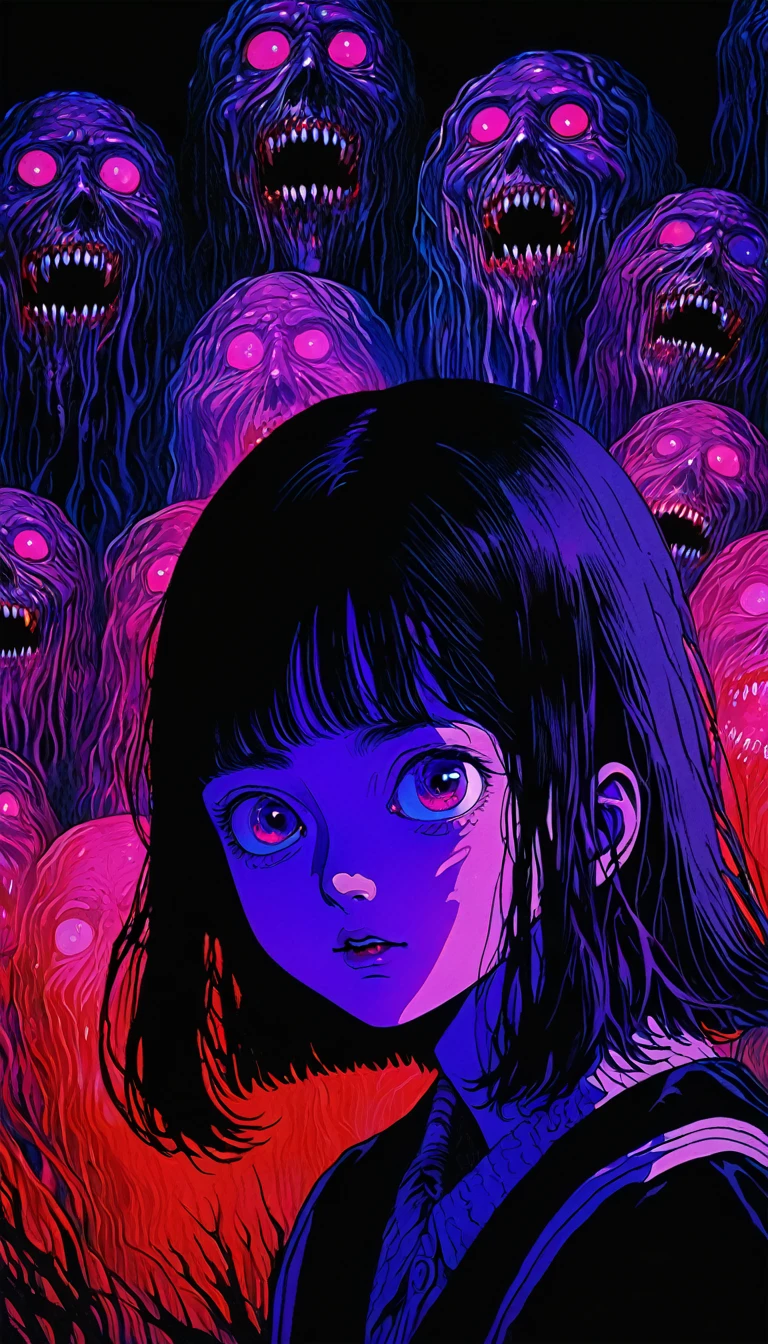illust、art、from 80s horror movie, directed by Junji Ito、nightmare、high detail, realsitic shadow、og style, vhs style, 8mm film, chromatic aberration, Dvd screengrab、Blue-purple and red-purple gradation、Surrealism