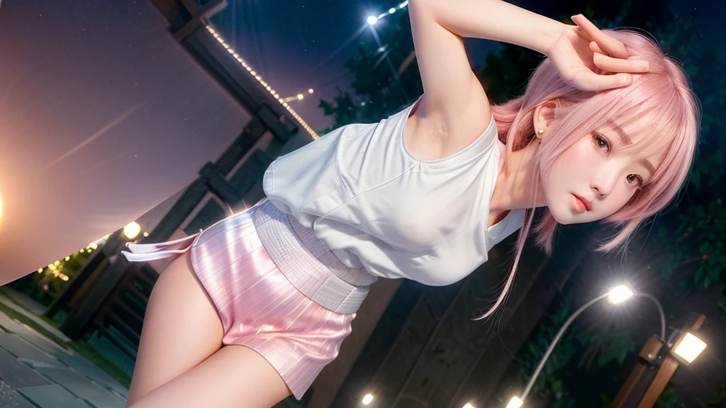 (cpmplate naked), (Highest quality), (Ultra-high resolution), (Realistic), Japanese, 1girl, (cute), (night sky), big fireworks, pink hair, lipstick, eyeshadow, eyeliner, choker, (red rim glasses), ((Sweaty)), spread legs, legs up