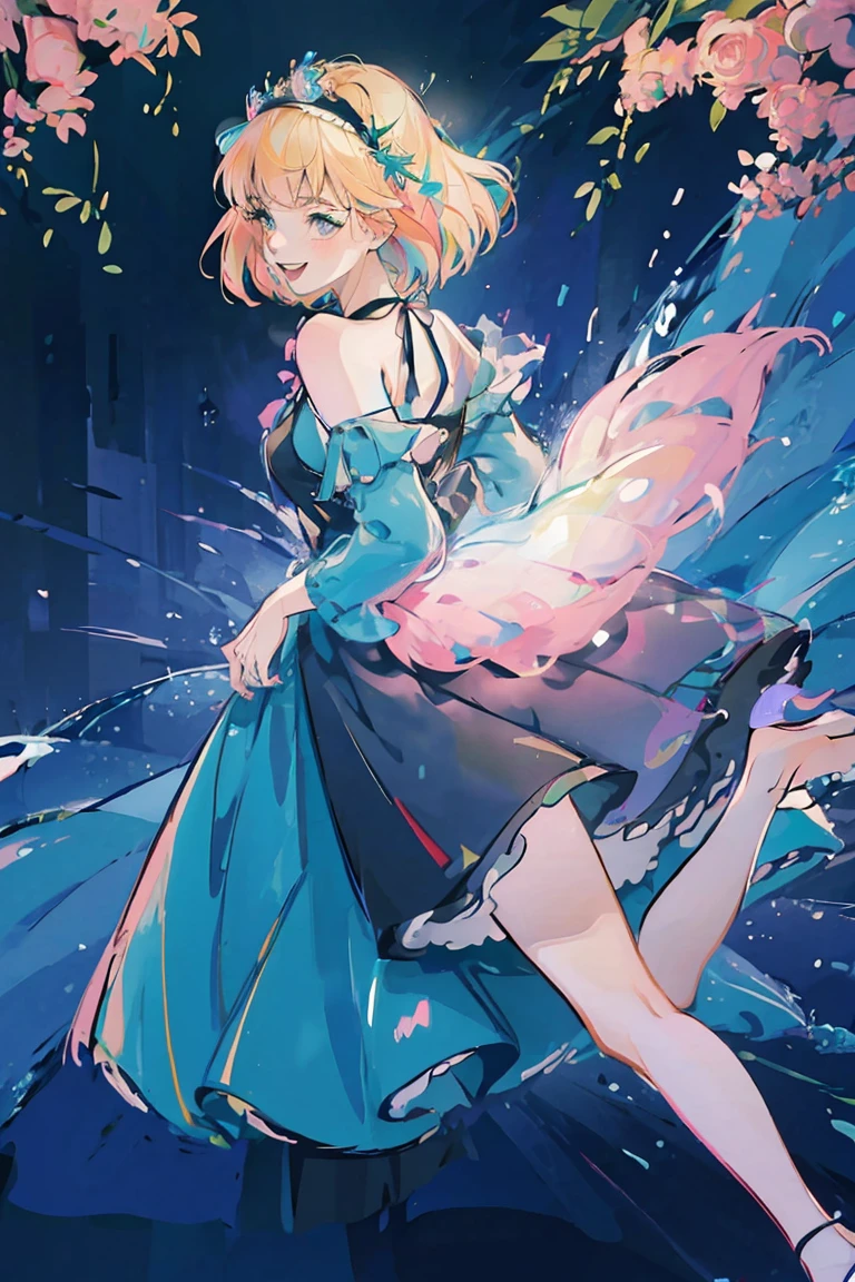 Cinderella, , Official art、Beautifully Aesthetic:1.2)、patterns、Hair spreads throughout、4k, excellent quality, Ultra Detail, Soft Light, Deep Focus Bokeh, Ray Tracing, --niji 5. Cinderella from Disney, x, splendid, iridescent, dynamic pose, moving, excellent character design, full body pose, full body, full body shot, perfect face, neat, clean, perfect definition hair between eyes,green skirt,pantyhose,black, (Casual Outfit), (green off-shoulder shirt, pink skirt, pink sandals), CinderellaWaifu:1), 1girl, looking at viewer, (masterpiece:1.2), (best quality), (ultra detailed), (8k, 4k, intricate),(full-body-shot:1),(Cowboy-shot:1.2), (85mm),light particles, lighting, (highly detailed:1.2),(detailed face:1.2), (gradients), nsfw, colorful,(detailed eyes:1.2),,(detailed background),detailed landscape, (dynamic angle:1.2), (dynamic pose:1.2), (rule of third_composition:1.3), (Line of action:1.2), wide shot, daylight, solo, Cinderella as an idol, very happy, smiling at camera, confident, hoshinoruby, star-shaped pupils