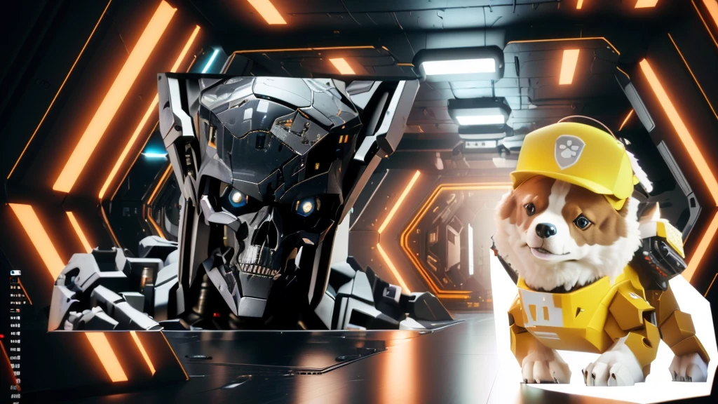 araffe and a robot in a room with a television, robot monster in background, skull on the screen, 8k render”, 3 d render 8 k shoot, cyborg in the data center, destroyed robot dogs remains, 3d render digital art, in futuristic laboratory room, portrait of a cyber skeleton, 3 d render 8 k, 3d render 8k