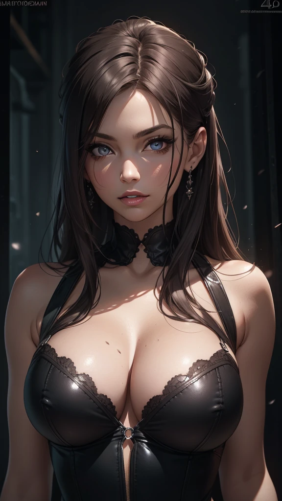 Sexy evil woman, beautiful detailed eyes, beautiful detailed lips, extremely detailed face and skin, long eyelashes, seductive expression, dark hair, perfect firm breasts, cleavage, smooth skin, (best quality,4k,8k,highres,masterpiece:1.2),ultra-detailed,(realistic,photorealistic,photo-realistic:1.37),dark fantasy,dramatic lighting,cinematic atmosphere,dark muted colors