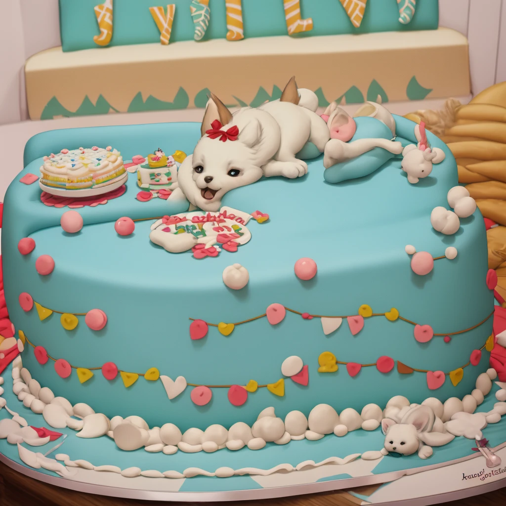 The woman is sitting on the sofa with a small white Pomeranian crawling on her lap, in front of a birthday cake, Making a wish for birthday cake, Celebrating Her Birthday, she is around 16 years old, Caucasian skin, Delicate facial features