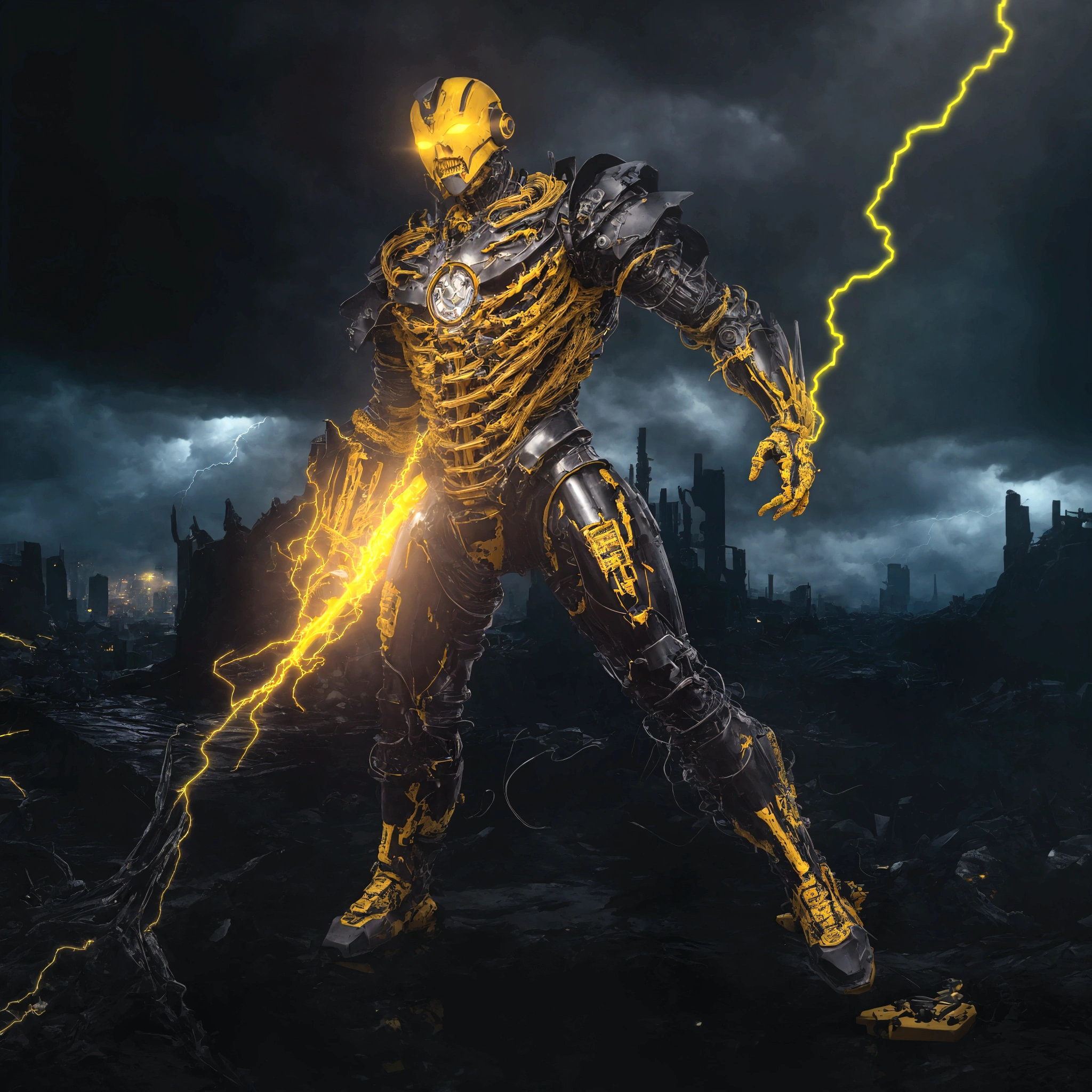  
(extremely detailed 8k wallpaper), a medium shot photo of scary  Grim dressed as a yellow electricity-man in an armour made of yellow glowing wires from marvel, theme, intricate, high detail, dramatic, old scary city with an electricity storm in the background 