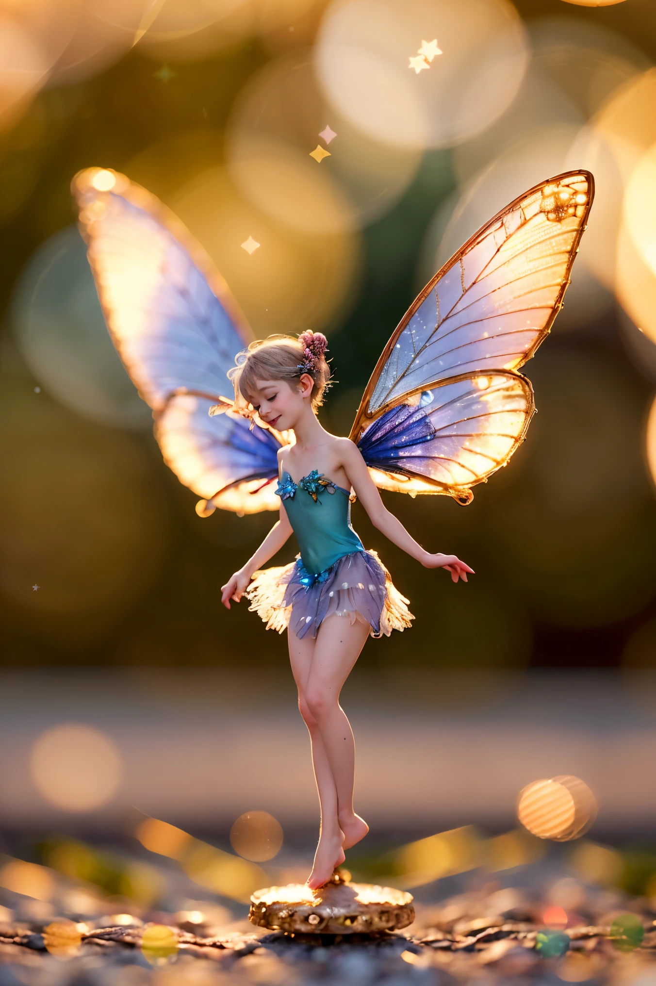 A beautiful and delicate mini fairy, tiny and enchanting, is depicted perched delicately on the tip of a finger. This breathtaking image, captures the ethereal beauty of these diminutive creatures. Every intricate detail is carefully rendered, showcasing their intricate wings glistening in vibrant colors and their miniature bodies adorned with intricate patterns. The artist's masterful technique ensures that even the tiniest features of the fairies are exquisitely depicted, allowing viewers to appreciate the sheer quality and precision of this enchanting image, playful body manipulations, smile, gaze into the camera, Whimsical lighting, Enchanted ambiance, Soft textures, Imaginative artwork, Ethereal glow, Silent Luminescence, Whispering Silent, Iridescent Encounter, pixie dust glittering, vibrant background, by Skyrn99, full body, (((rule of thirds))), high quality, high detail, high resolution, (bokeh:2), backlight, long exposure:2