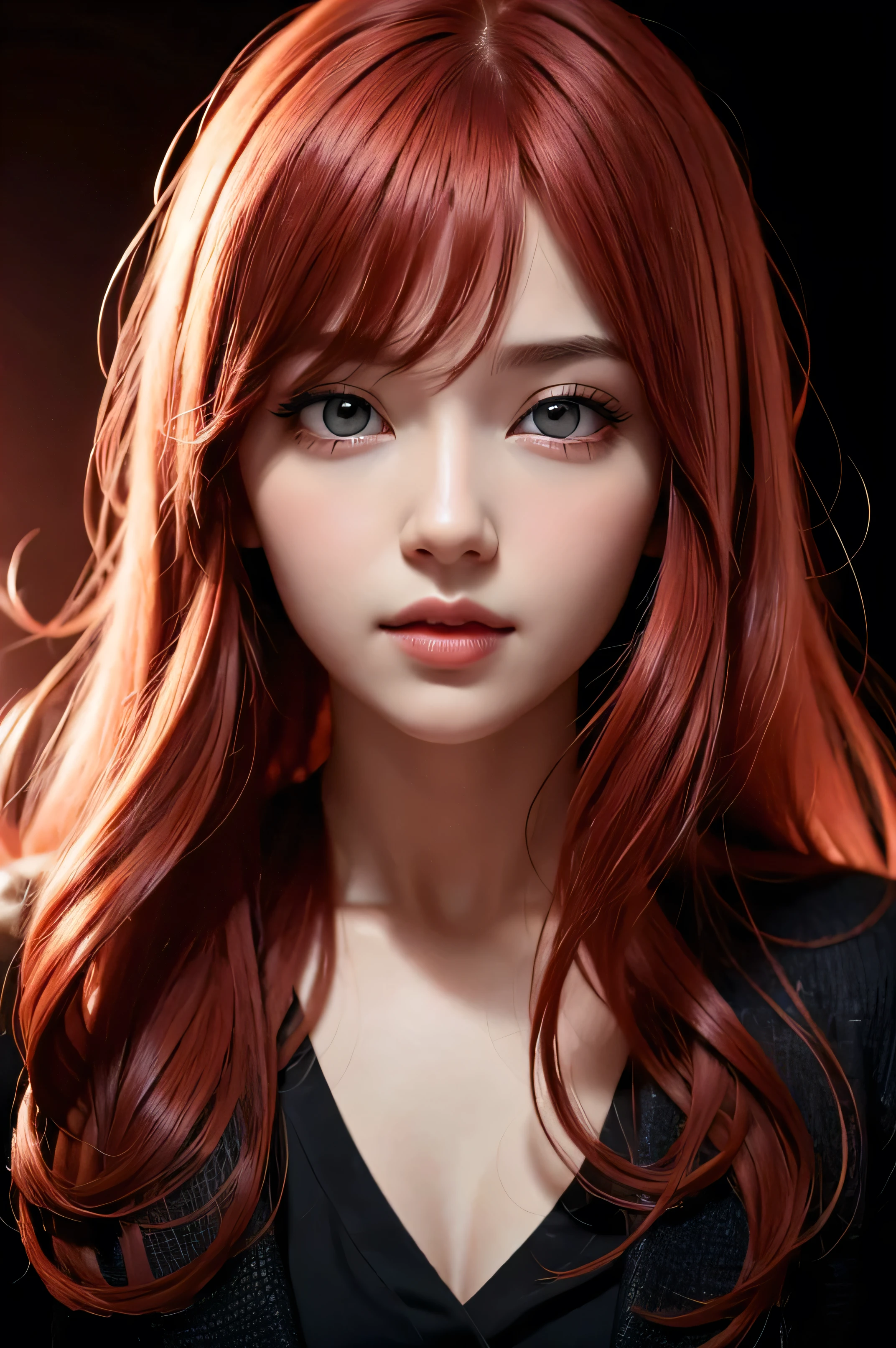 1 girl, star eye, blush, perfect lighting, Red hair, Eyes red, engine unreal, side lighting, face detailed, bangss, shining skin, simple background, darkness background