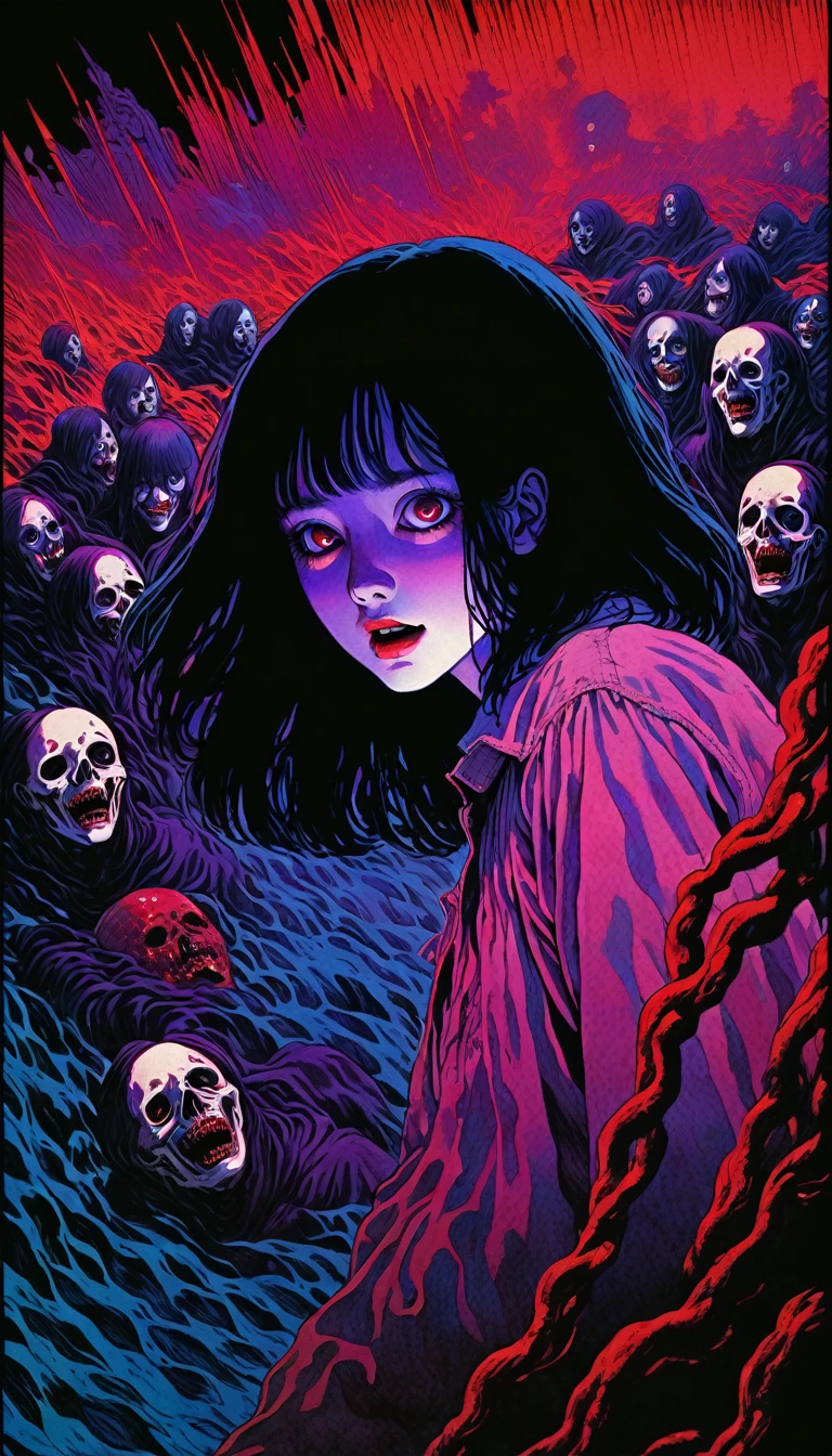 illust、art、from 80s horror movie, directed by Junji Ito、nightmare、high detail, realsitic shadow、Analog style, vhs style, 8mm film, chromatic aberration, Dvd screengrab、Blue-purple and red-purple gradation、Surrealism