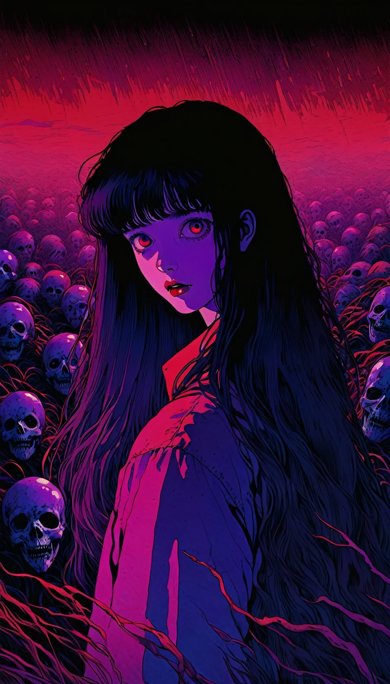 illust、art、from 80s horror movie, directed by Junji Ito、nightmare、high detail, realsitic shadow、Analog style, vhs style, 8mm film, chromatic aberration, Dvd screengrab、Blue-purple and red-purple gradation、Surrealism