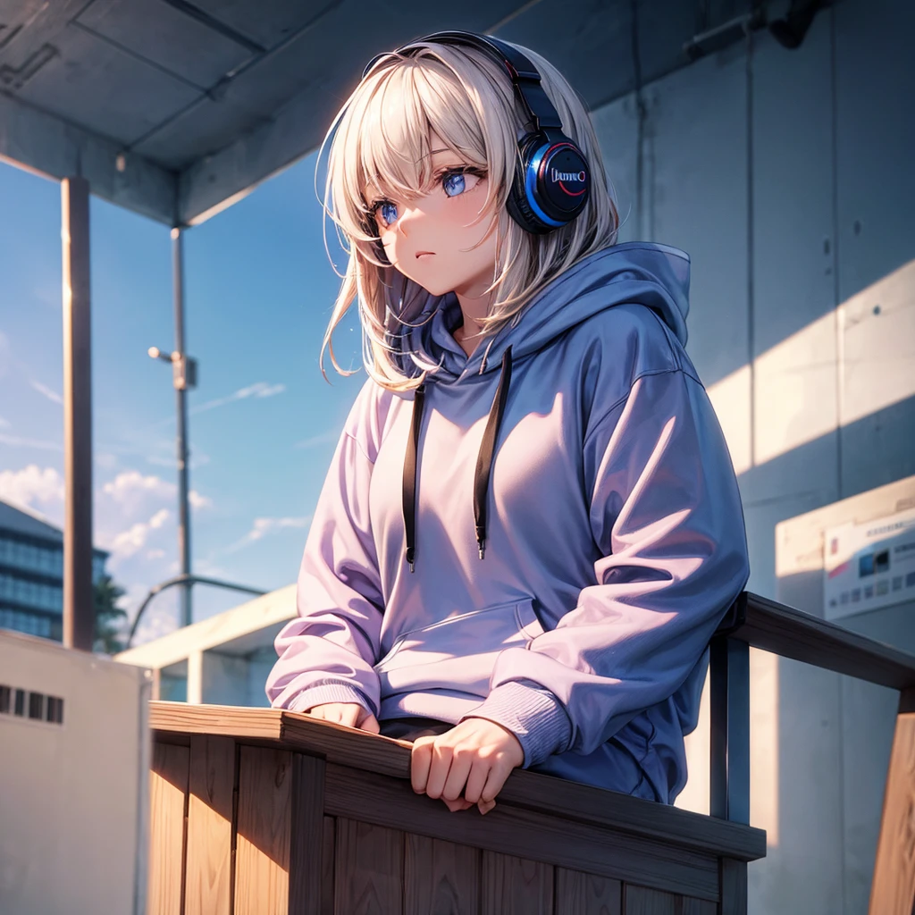 A person wearing a hoodie and listening to music
