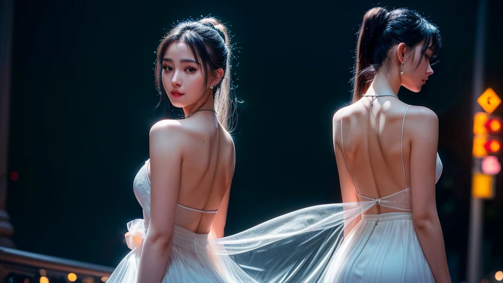 (Standing on a dark street),(road light),(Low lighting),(night),Random posture, (An extremely delicate and beautiful work), (masterpiece), One girl, Girl in a white dress, Very detailed, Waist leak, The ponytail is crooked, Charm expression, beautiful and clear eyes, Green pupil, Delicate necklace, Delicate earrings, Fairy ears, Simple blur background, Very detailed説明, beautiful, Charm, Ultra-fine painting, Delicate face, Delicate figures, Thin clavicle, Nice lips, beautiful breasts, Soft back, Mix 4,(8K, RAW Photos, Highest quality, masterpiece:1.2), (Realistic, photo-Realistic:1.37),One girl,cute,Cityscape, night, rain, Wet, Professional Lighting, Photon Mapping, Radio City, Physically Based Rendering,