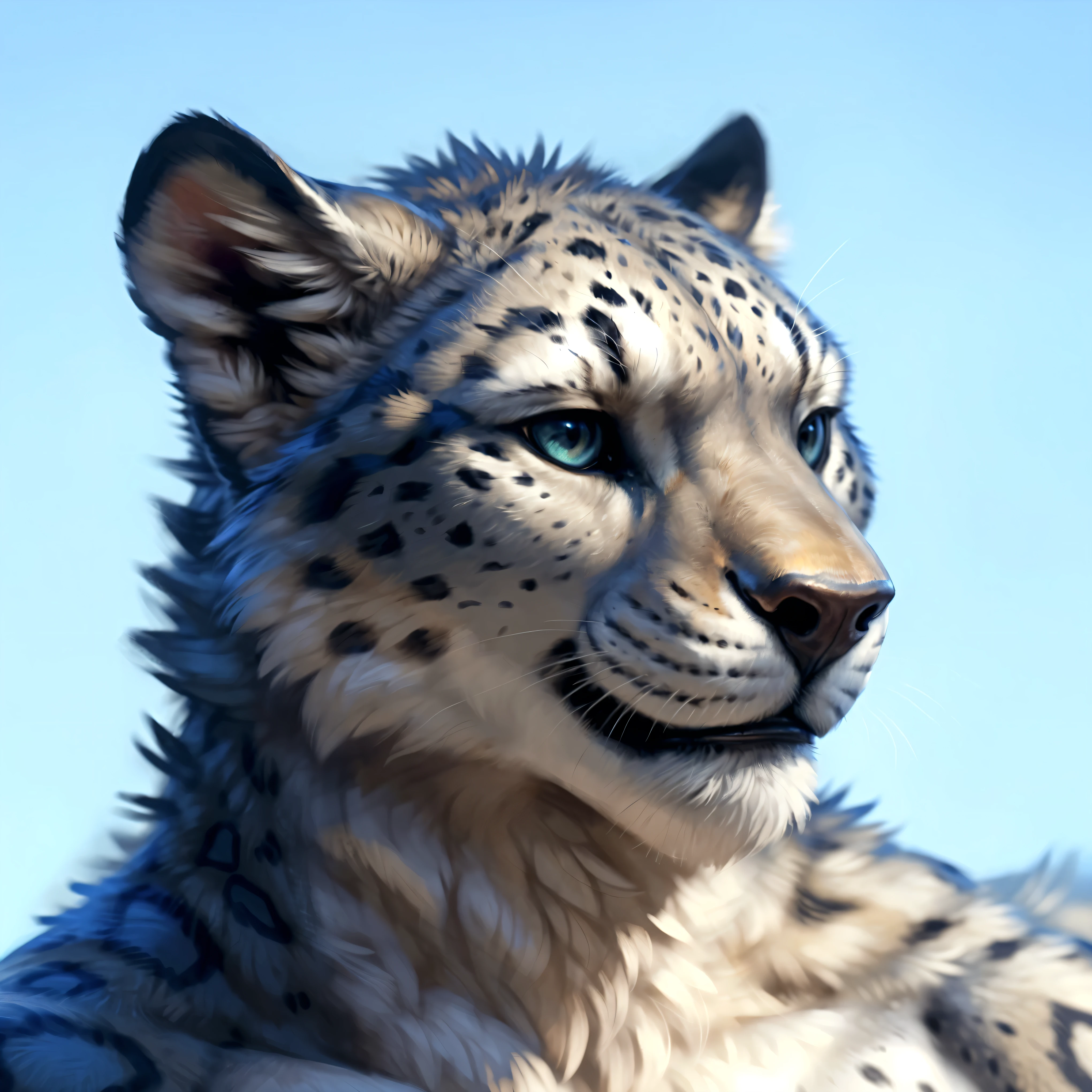 Sharp focus, masterpiece, 8k, intricate artwork, hyper detailed, high detail, best quality, perfect colors, perfect shadows, perfect lighting, posted on e621, furry body, ((portrait shot, close-up)), posted on e621, furry body, solo, anthro snow leopard, (muscular, manly, masculine:1.3), (spotted white fur:1.3), young, male, correct anatomy, (photorealistic fur, detailed fur, epic, masterpiece:1.2), (by Taran Fiddler, by Rukis, Bonifasko lighting), correct detailed leopard eyes, smile