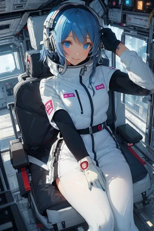 masterpiece, highest quality, high resolution, breasts, 20yo,1 girl,(solo):2,,blonde hair,(inside space station):2,flying:2,floatong:2,zero gravity,wind:1.5,anime lovelive style,

BREAK
headphone,(futurstic tight-fit bodysuit):2,(shiny silver long downvest):100,(northface silver metallic puffy downvest):2,(puffy):2,(black sleeves):5,(black tights):2,(black belt),futuristic boots and gloves,(smartwatch):100,astrovest
BREAK
1 girls, sitting in spacecraft cabin with 4-point seat belt, securely fastened, space station interior, looking out of large windows at Earth below, beautiful eyes, she have aluminum foil pouch,(aluminum foil pouch with plastic viewing window):2, contains nutritious liquid or puree together, smiling and chatting, bright and cheerful expressions, high quality cinematic lighting, detailed textures, sharp focus,blue hair,blue eyes,
