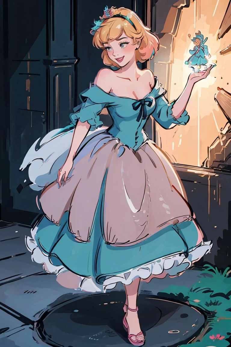 Cinderella, , Official art、Beautifully Aesthetic:1.2)、patterns、Hair spreads throughout、4k, excellent quality, Ultra Detail, Soft Light, Deep Focus Bokeh, Ray Tracing, --niji 5. Cinderella from Disney, x, splendid, iridescent, dynamic pose, moving, excellent character design, full body pose, full body, full body shot, perfect face, neat, clean, perfect definition  hair between eyes,green skirt,pantyhose,black, (Casual Outfit), (green off-shoulder shirt, pink skirt, pink sandals), CinderellaWaifu:1), 1girl, looking at viewer,  (masterpiece:1.2), (best quality), (ultra detailed), (8k, 4k, intricate),(full-body-shot:1),(Cowboy-shot:1.2), (85mm),light particles, lighting, (highly detailed:1.2),(detailed face:1.2), (gradients), nsfw, colorful,(detailed eyes:1.2),,(detailed background),detailed landscape, (dynamic angle:1.2), (dynamic pose:1.2), (rule of third_composition:1.3), (Line of action:1.2), wide shot, daylight, solo, Cinderella as an idol, very happy, smiling at camera, confident, hoshinoruby, star-shaped pupils