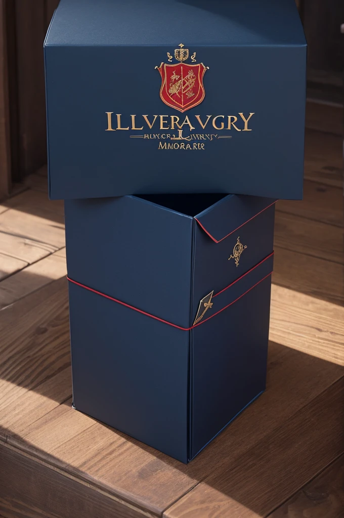 Make a package(box) inspired by the Ilvermorny school in dark blue or red with a castle logo