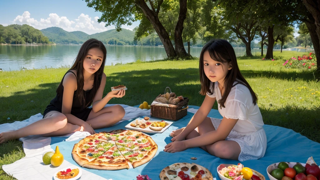 13-year-old girl，By the forest lake，Kittens beside you，Sea of Flowers，having a picnic，There are vegetables，fruits，pizza，Extreme light and shadow，Pursuit of extreme light，Extreme ambient light，Ultimate Lake Reflection，heal，Bright Sun，
（And those complicated eyes）（Delicate features 1.3）