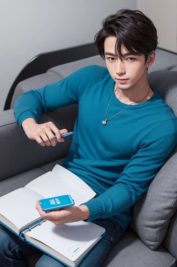 Fun-minded male character who likes to use his phone and play on his blue notebook