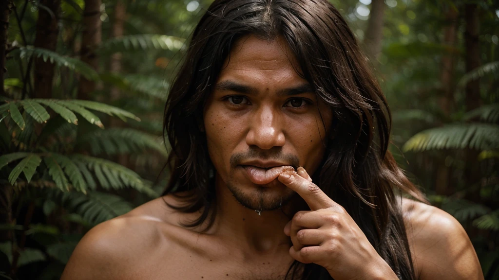 Photo of full body young mexican skinny man naked sitting on a tree in jungle. He has long hairs. His skin is sweaty. His spread legs show a hard penis. He seems angry and frustrated . He's looking at the camera. His belly and legs are covered in cum.