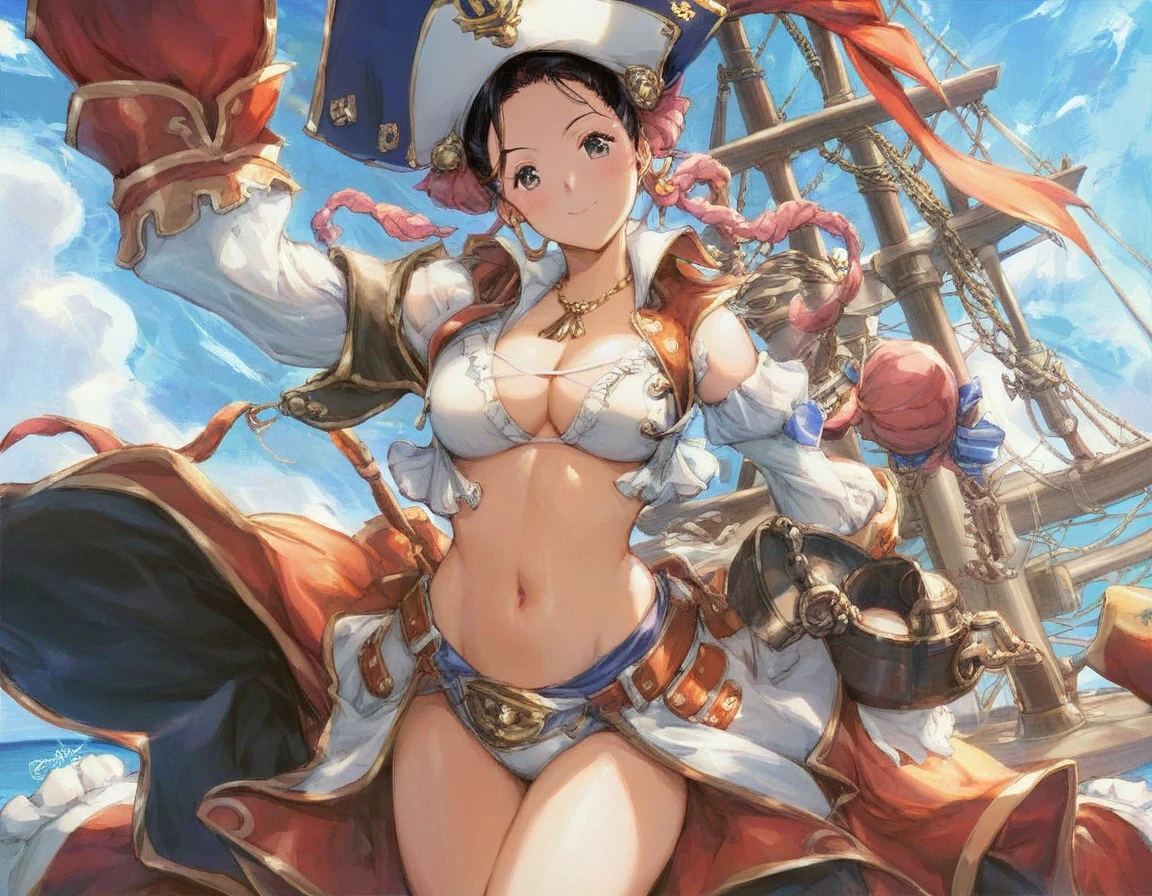 A pretty pirate woman on his pirate ship, wearing skimpy pirate clothes, cleavage, , urushisato, detailed background, bmbplora, babe