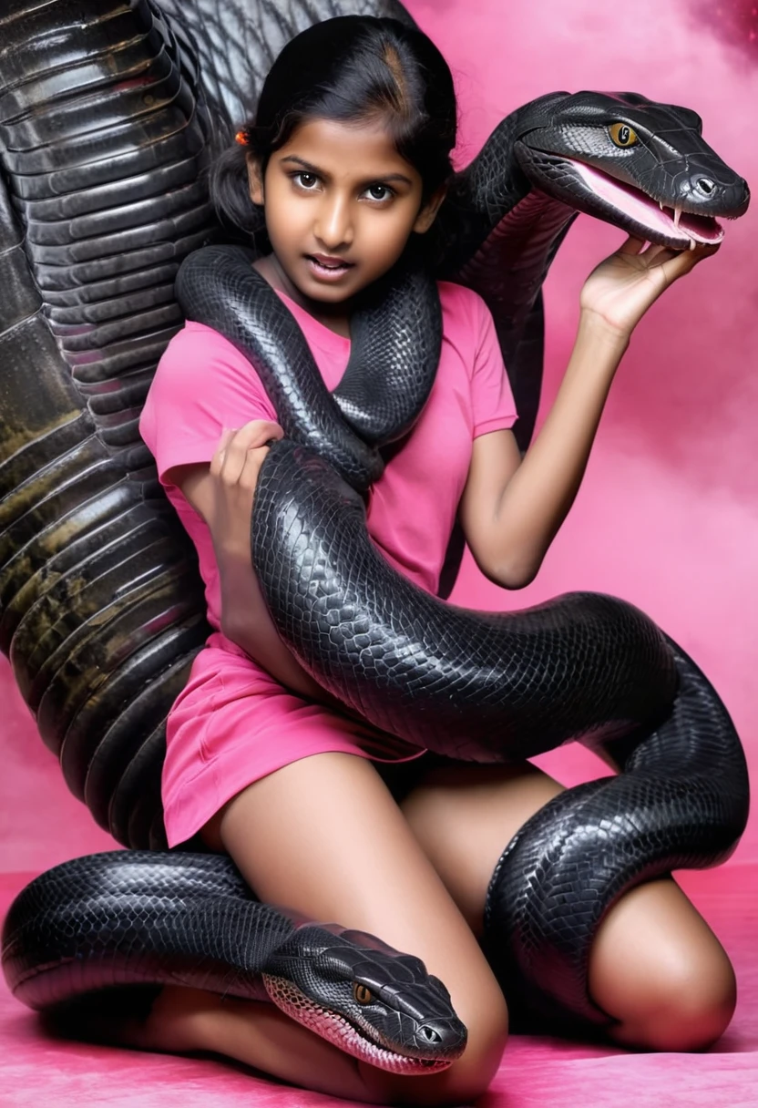 Pink sport shorts Happy Horny, aroused 1girl), beautiful kneeling Indian young teen girl  with  giant colossal black anaconda monster  squeezing her hard, wrapped in thick spiraling coils, constricted, struggle, gasping for air, snake attack, snake peril, moonless night, dim light