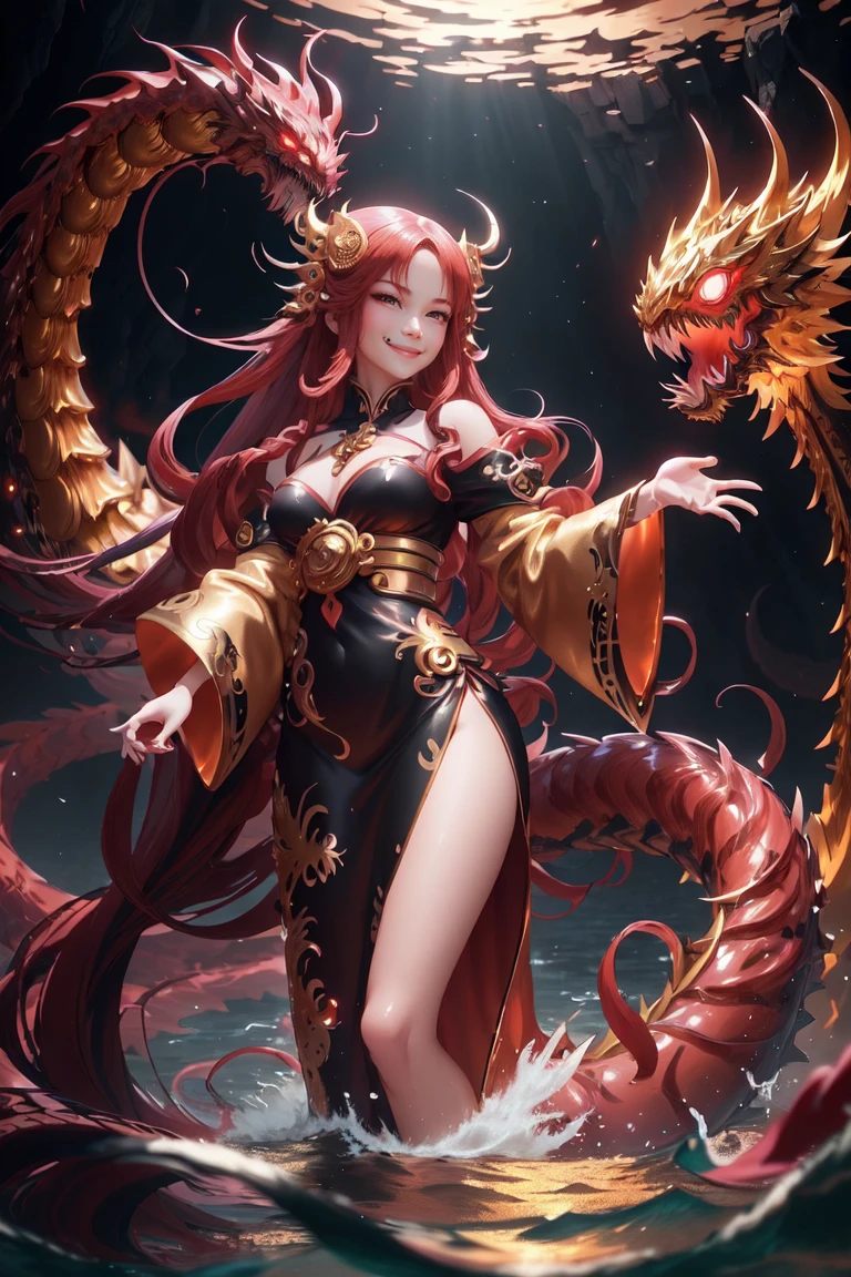 anime with long hair and red dress standing in the water with a big golden dragon, 4K anime art wallpaper, 8K anime art wallpaper, anime fantasy artwork, 4k fantasy artwork, 坏蛋动漫8 K, epic anime art, detailed art of onmyoji, anime fantasy illustration, inspired by Naomi, 4K anime-style, gold accents