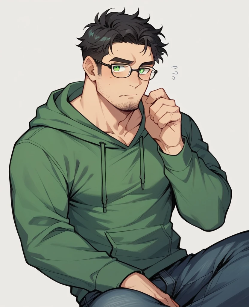 Male,5'4,glasses,green eyes,messy wavy black hair,stubble beard,light tan skin,black open hoodie,green shirt,black jeans