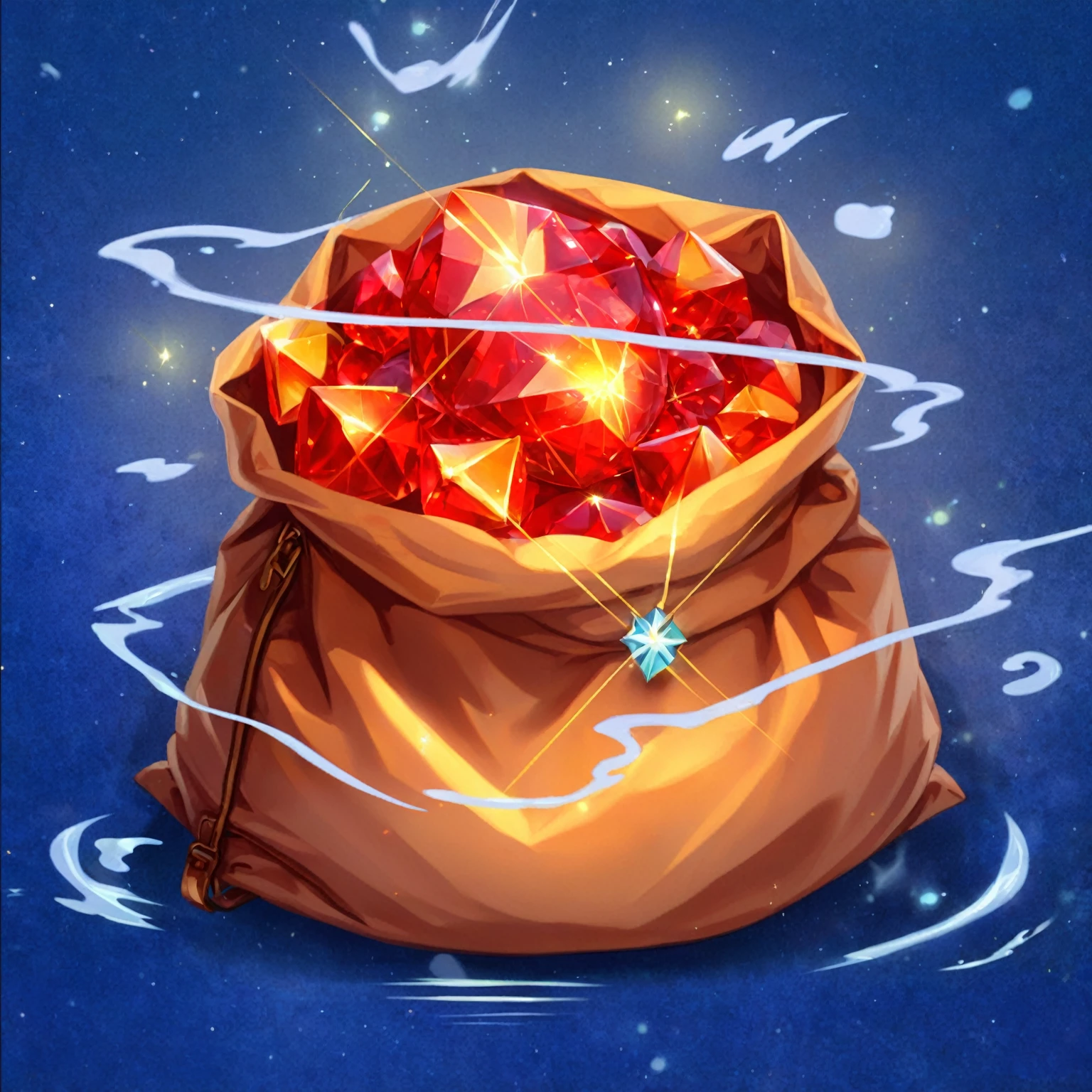 digital painting, mmorpg, Warm colors, cute style, medieval game, glowing effects in the background, glow effects, colorful, No characters, no characters, cute style, anime style, holiday, bag of rubies, sack, Rubies, Award, stands on the water, circle effects, Magic