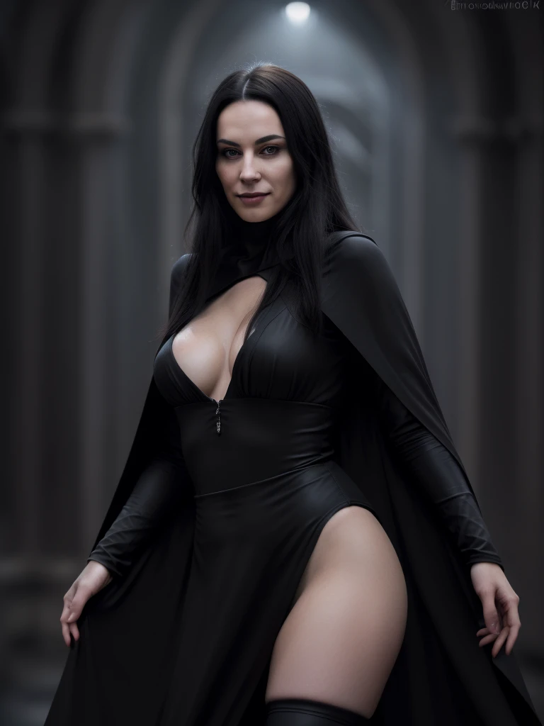 A beautiful young woman with long black hair, dressed in a sleek black cloak, standing with a mischievous smile, her piercing gaze and perfect facial features accentuated, the cloak falling just below her chest, revealing her navel, a black leather strap across her body, (best quality,4k,8k,highres,masterpiece:1.2),ultra-detailed,(realistic,photorealistic,photo-realistic:1.37),intricate details,flawless skin,dramatic lighting,cinematic composition,dark and moody atmosphere,gothic,chiaroscuro